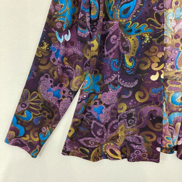Chico's Travelers size Large/2 Purple Blue Floral Artsy Slinky Knit Open Jacket - Picture 5 of 10